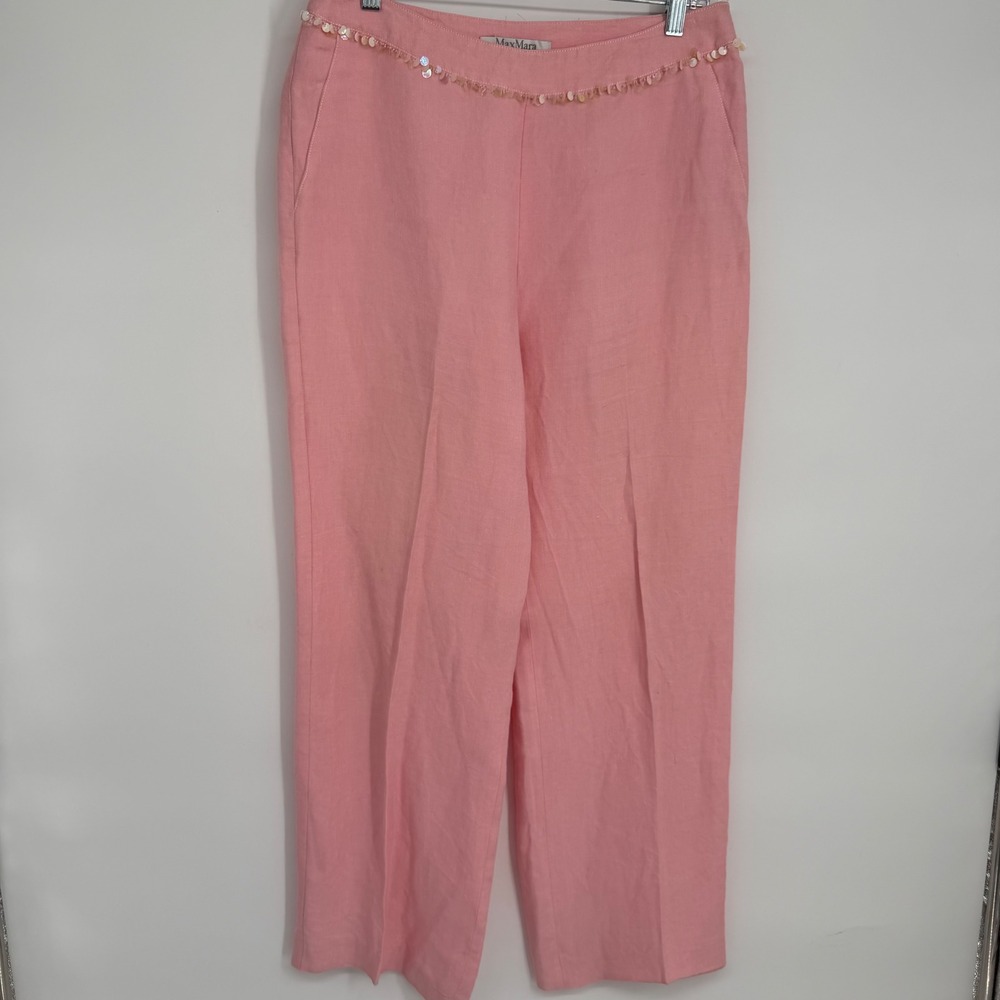 Max Mara Puro Lino Pink 100% Linen Sequin Embellished Wide Leg Pants Italy 12